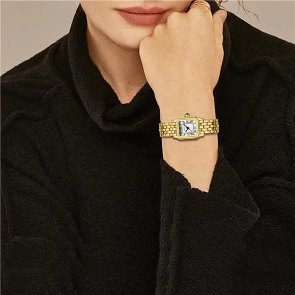 Gold Watches for Women with Small Vintage Bracelet, Rectangular Case